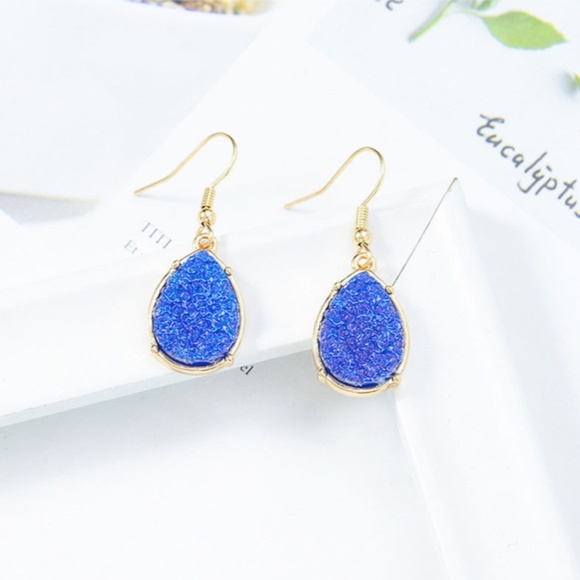 Jewelry - Druzy Resin Blue Violet Gold Hook Drop Earrings